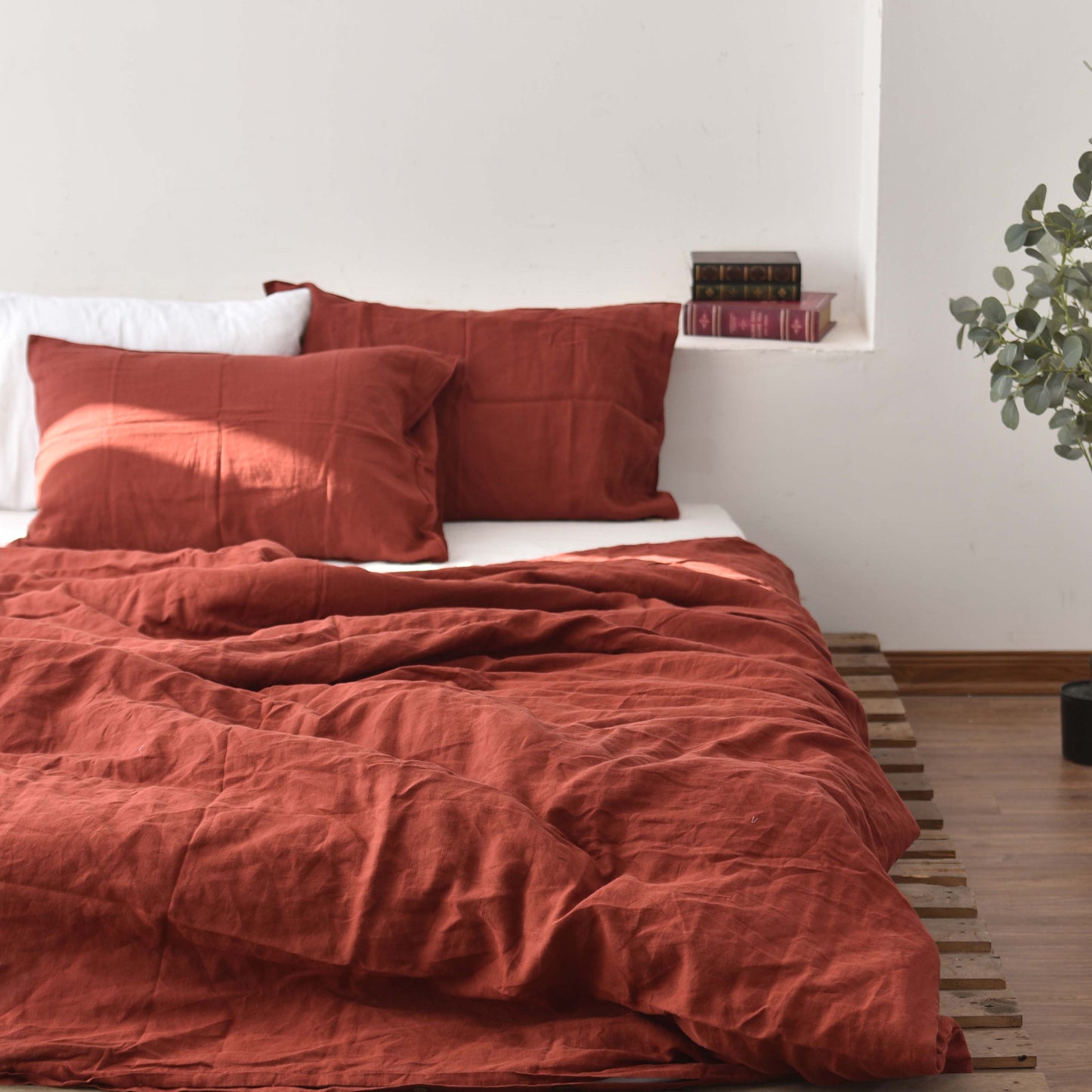 Orange French Linen Duvet Sheet Set (4 pieces) - Plain Dyeing