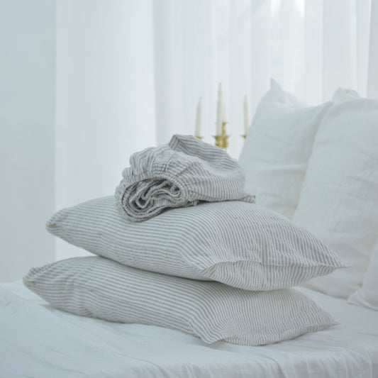 Striped French Linen Fitted Sheet + 2 Pillowcases Set - Yarn Dyeing 49