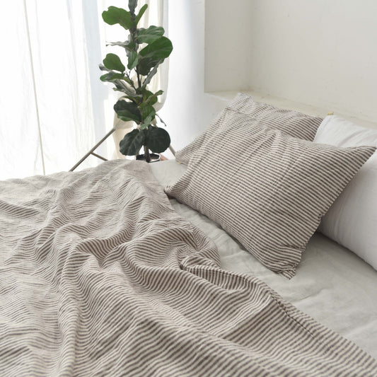 Coffee Striped French Linen Fitted Sheet - Yarn Dyeing 51