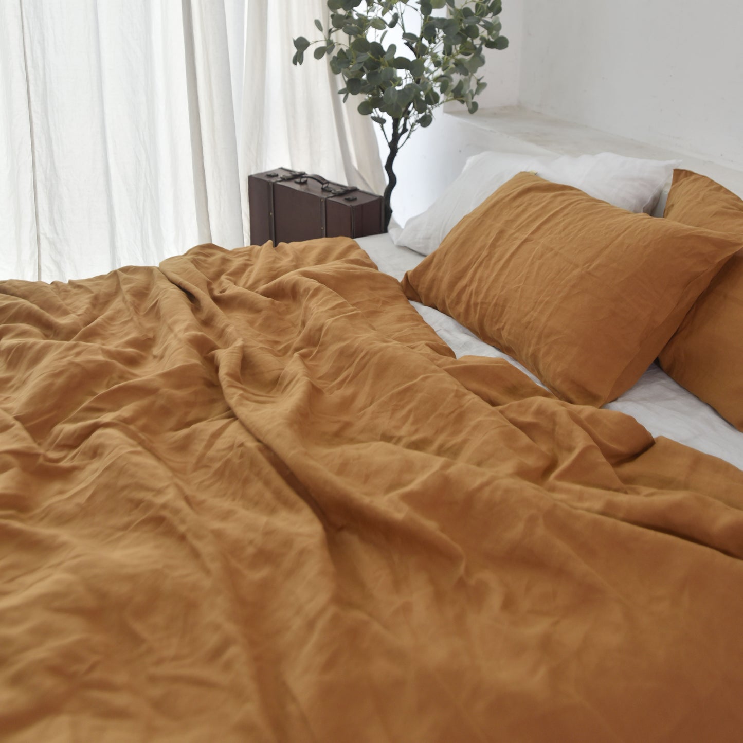 Goldenrod French Linen Fitted Sheet + 2 Pillowcases Set - Plain Dyeing 38