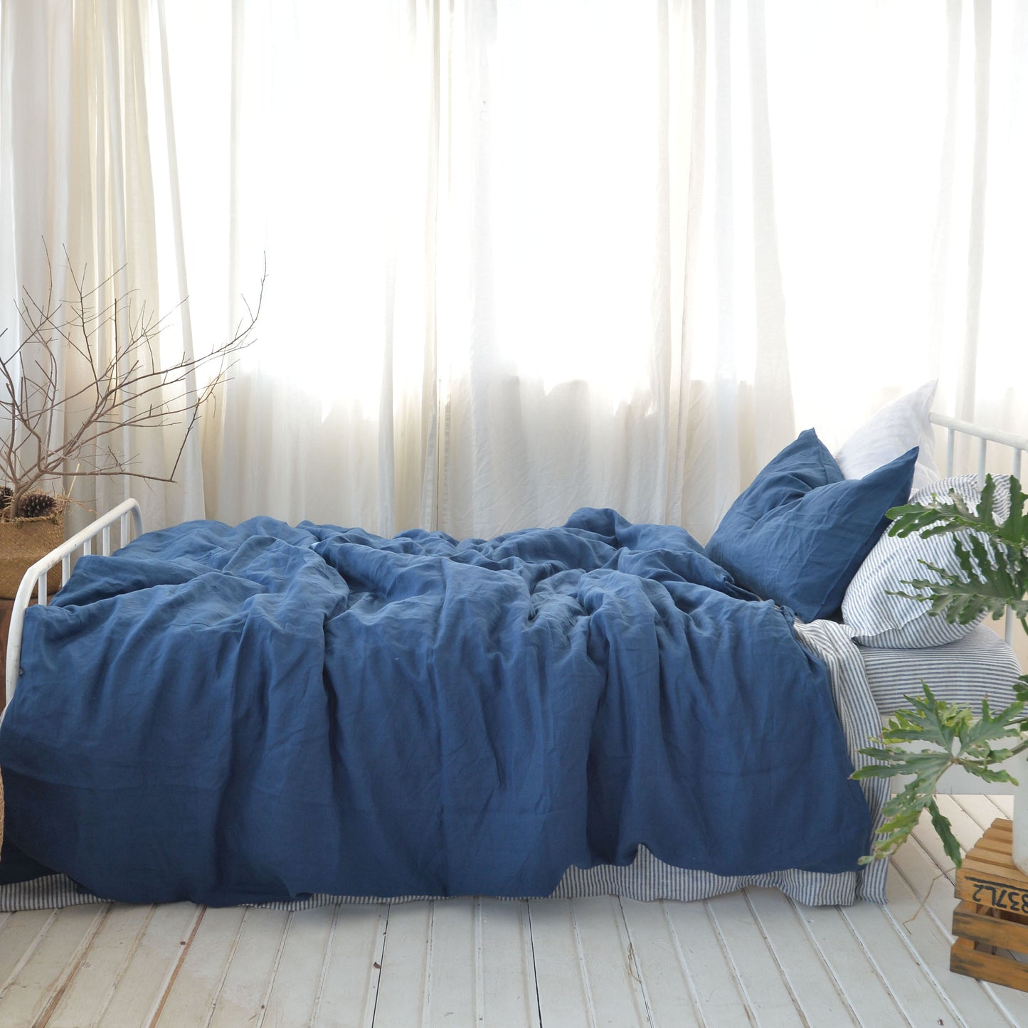 Navy French Linen Fitted Sheet + 2 Pillowcases Set - Plain Dyeing 12