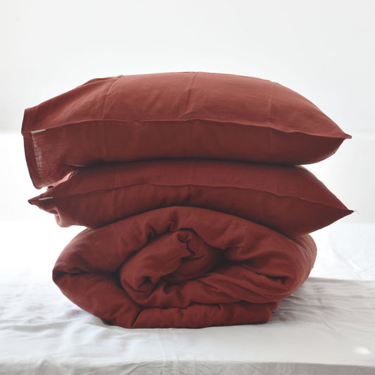 Red French Linen Duvet Cover+2 Pillowcases Set - Plain Dyeing 27