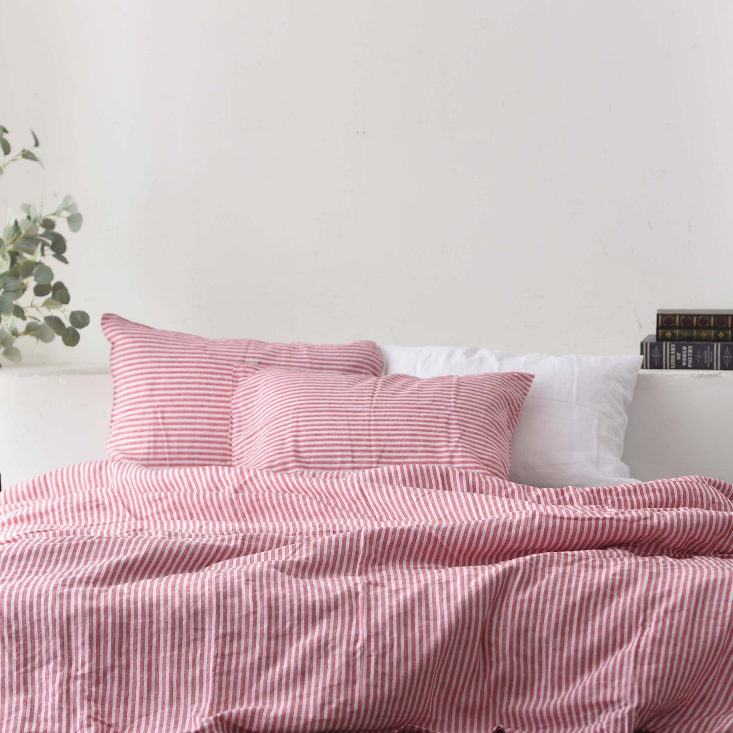 Red Striped French Linen Duvet Cover+2 Pillowcases Set - Yarn Dyeing 52