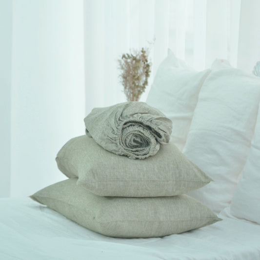 Asparagus French Linen Fitted Sheet + 2 Pillowcases Set - Yarn Dyeing 45