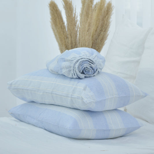 Blue Striped French Linen Fitted Sheet + 2 Pillowcases Set - Yarn Dyeing 60