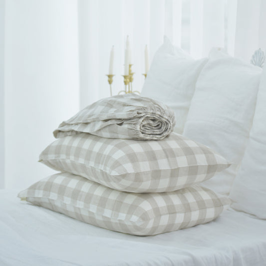 Grid French Linen Fitted Sheet + 2 Pillowcases Set - Yarn Dyeing 58