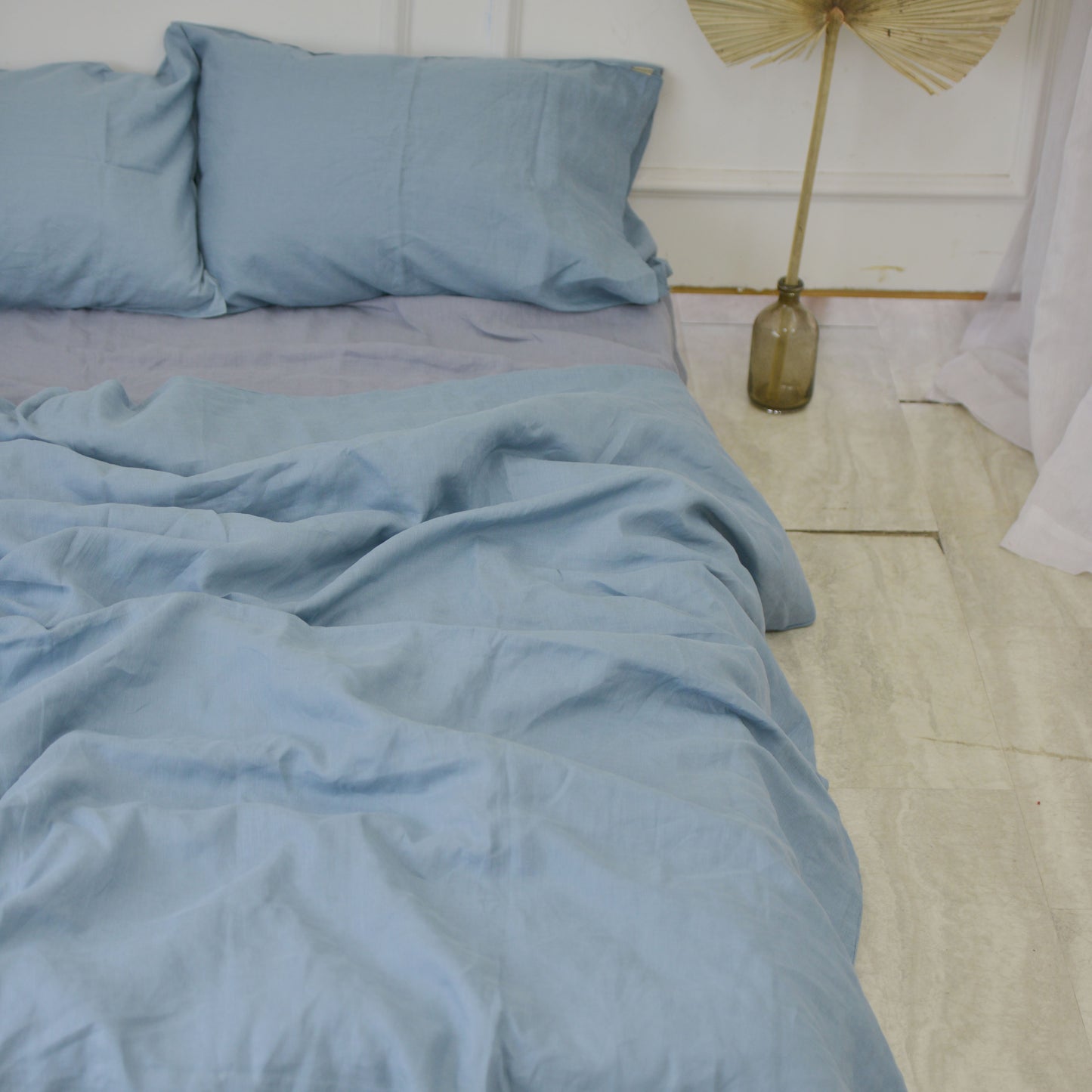 Slate French Linen Fitted Sheet + 2 Pillowcases Set - Plain Dyeing 35