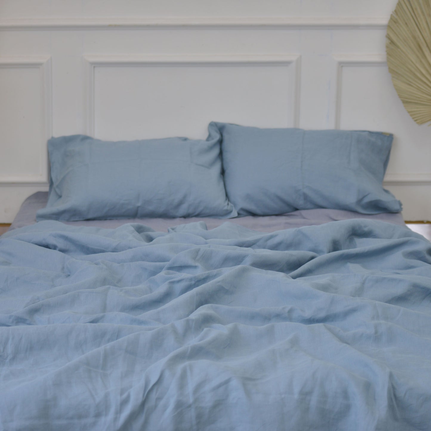 Slate French Linen Fitted Sheet + 2 Pillowcases Set - Plain Dyeing 35