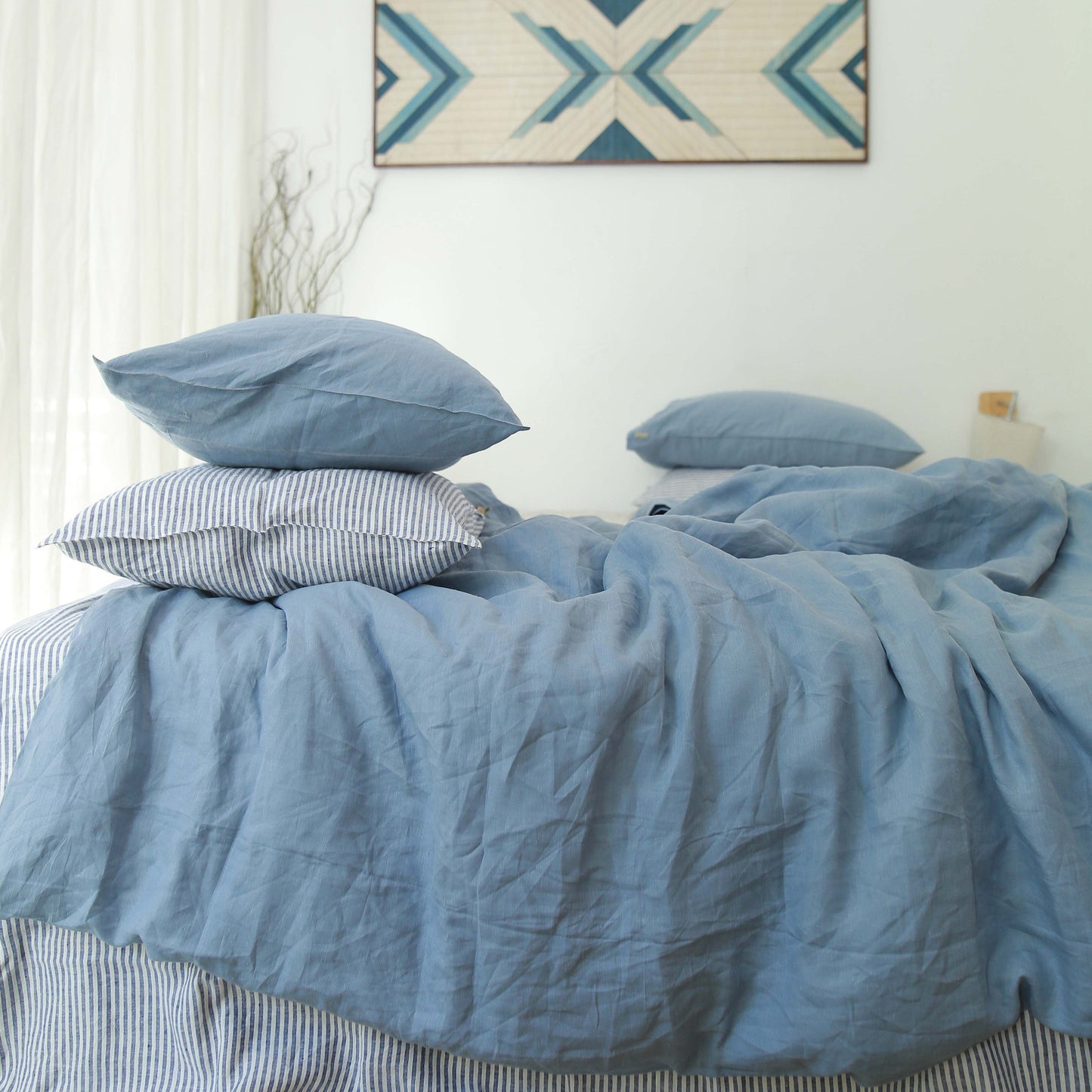 Slate French Linen Fitted Sheet + 2 Pillowcases Set - Plain Dyeing 35