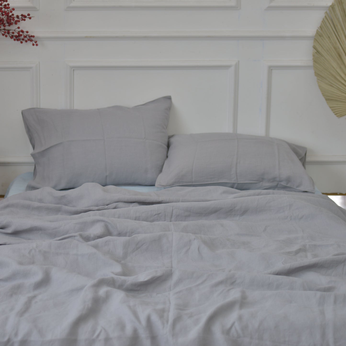 Steel French Linen Fitted Sheet + 2 Pillowcases Set - Plain Dyeing 24