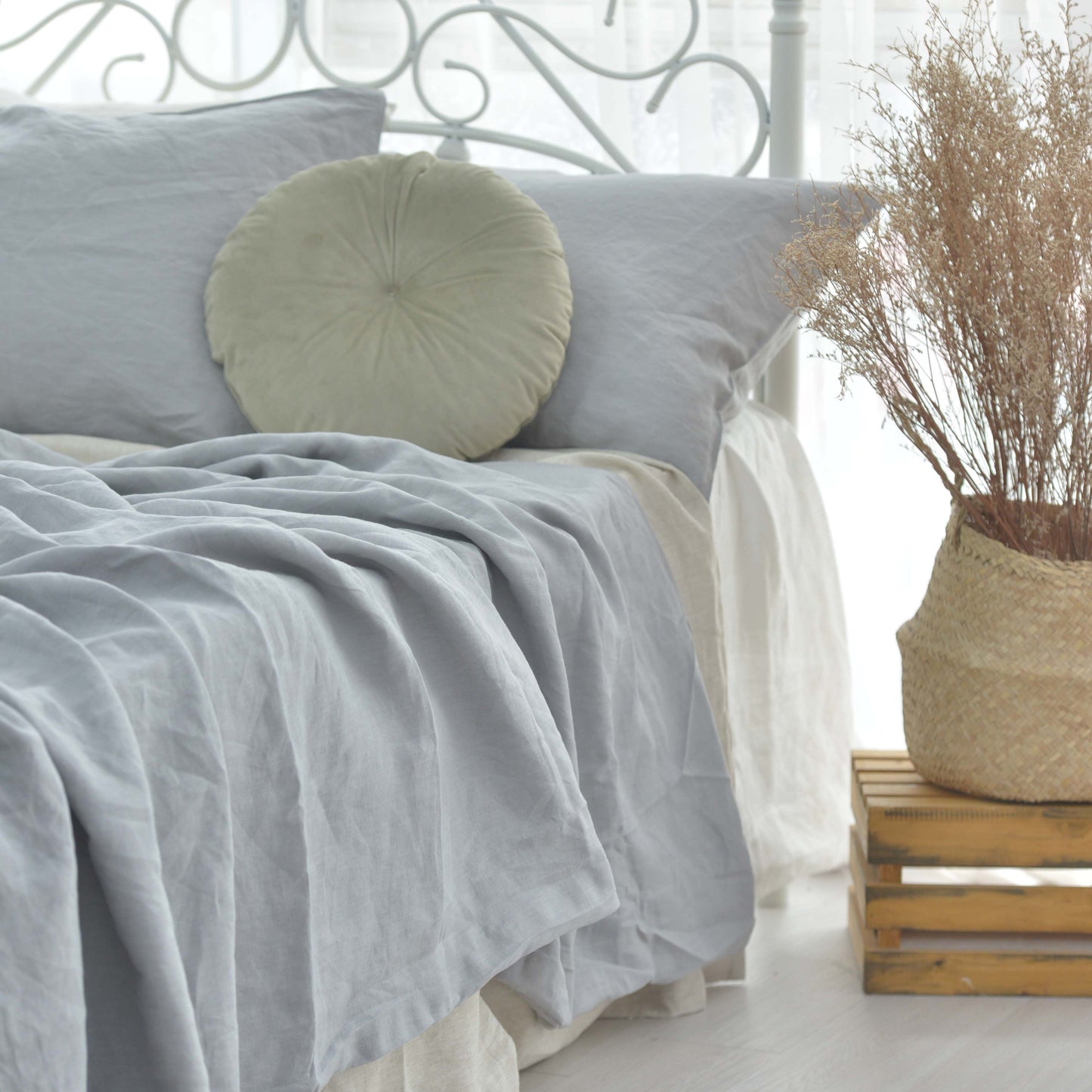 Steel French Linen Fitted Sheet + 2 Pillowcases Set - Plain Dyeing 24