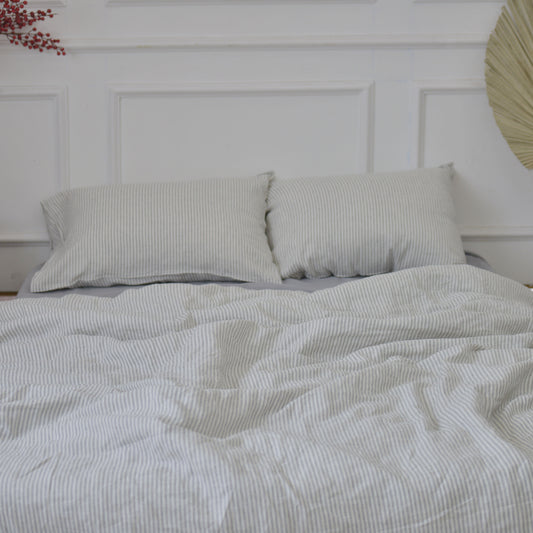 Striped French Linen Duvet Cover+2 Pillowcases Set - Yarn Dyeing 49