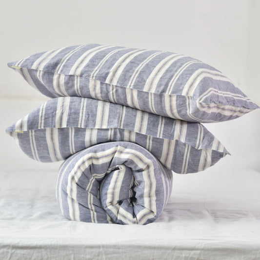 Wide Striped French Linen Duvet Cover+2 Pillowcases Set - Yarn Dyeing 55