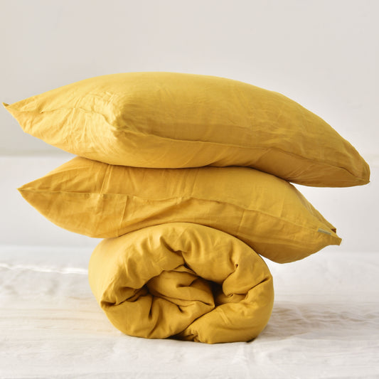 Yellow French Linen Duvet Cover+2 Pillowcases Set - Plain Dyeing 34