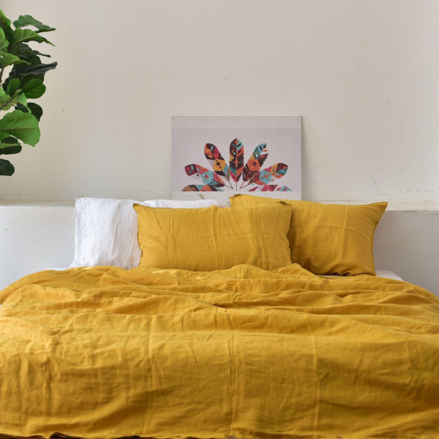 Yellow French Linen Fitted Sheet + 2 Pillowcases Set - Plain Dyeing 34