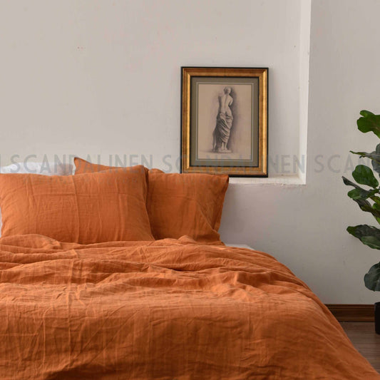 Orange French Linen Duvet Sheet Set (4 pieces) - Plain Dyeing