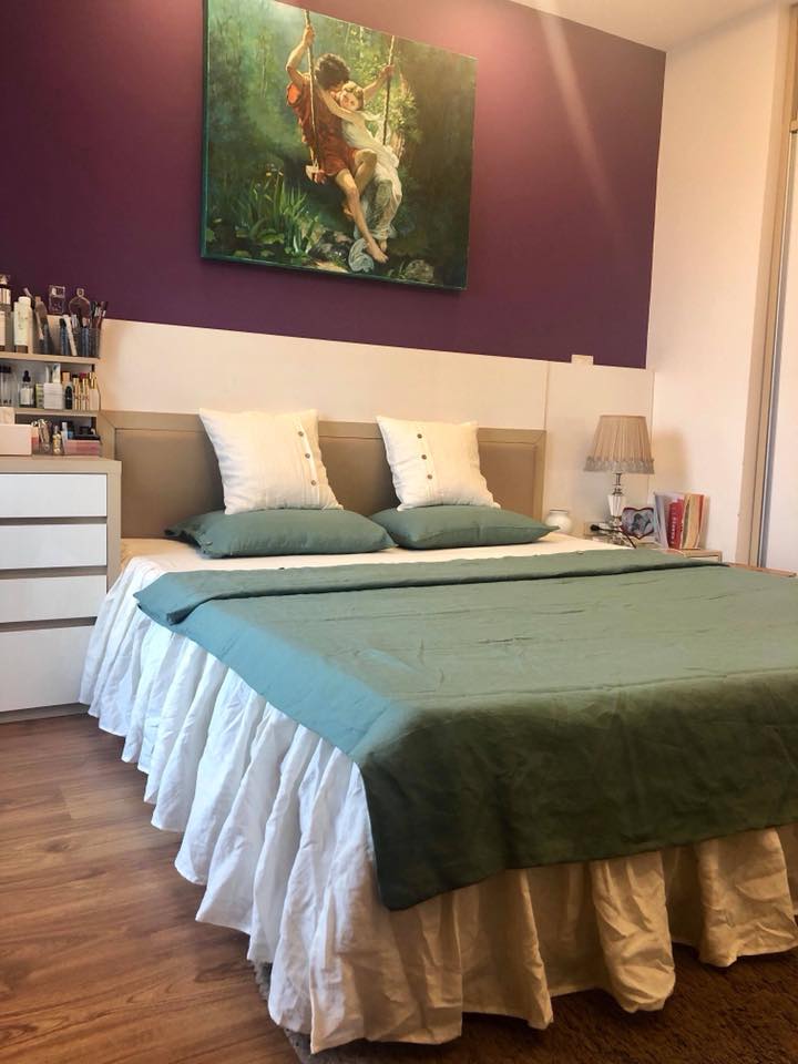 Romantic bedroom with sage green linen duvet and plum wall - SCANDALINEN