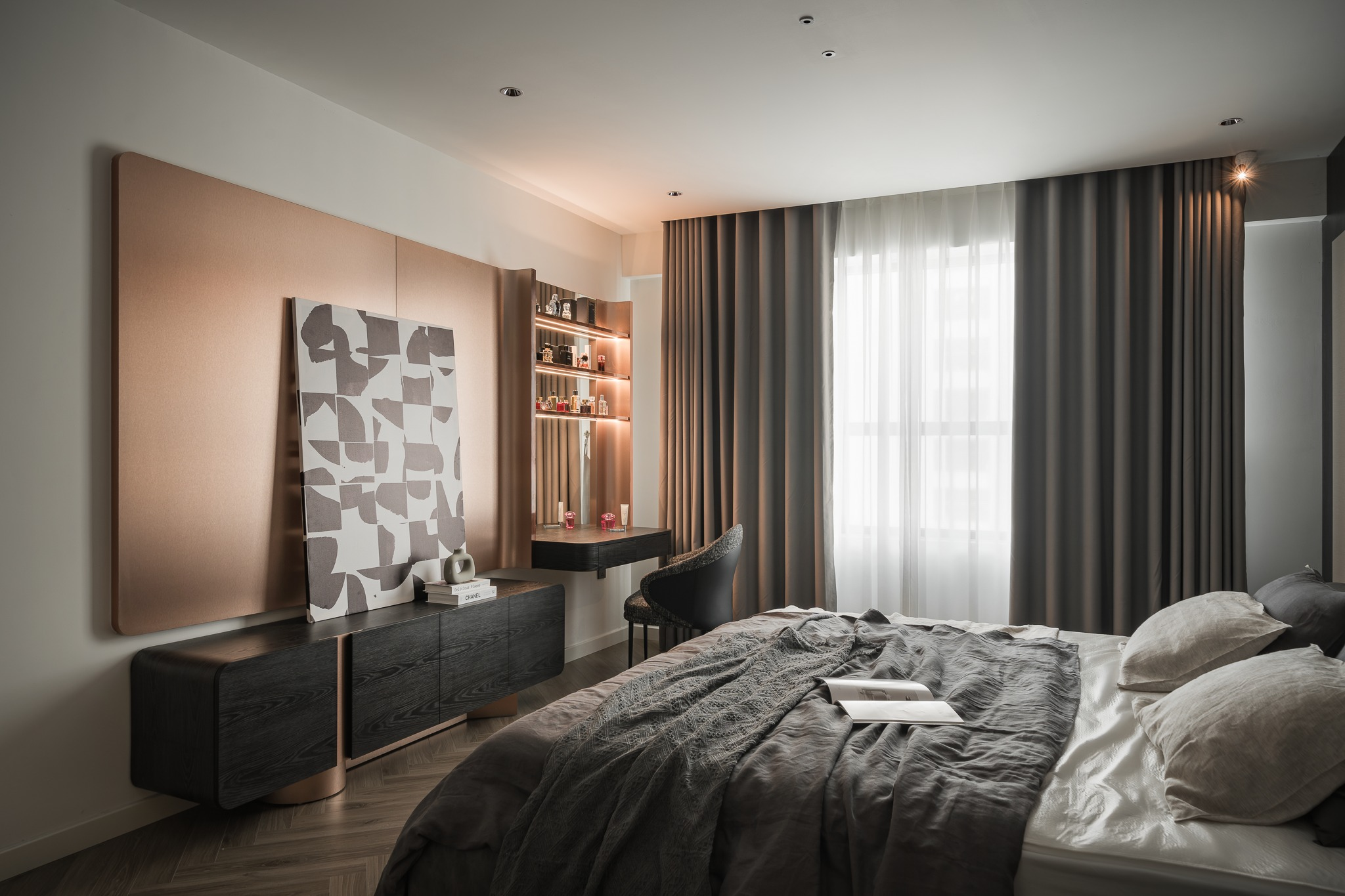 Contemporary luxury bedroom with flax linen duvet, dark gray throw and illuminated glass wardrobe - SCANDALINEN
