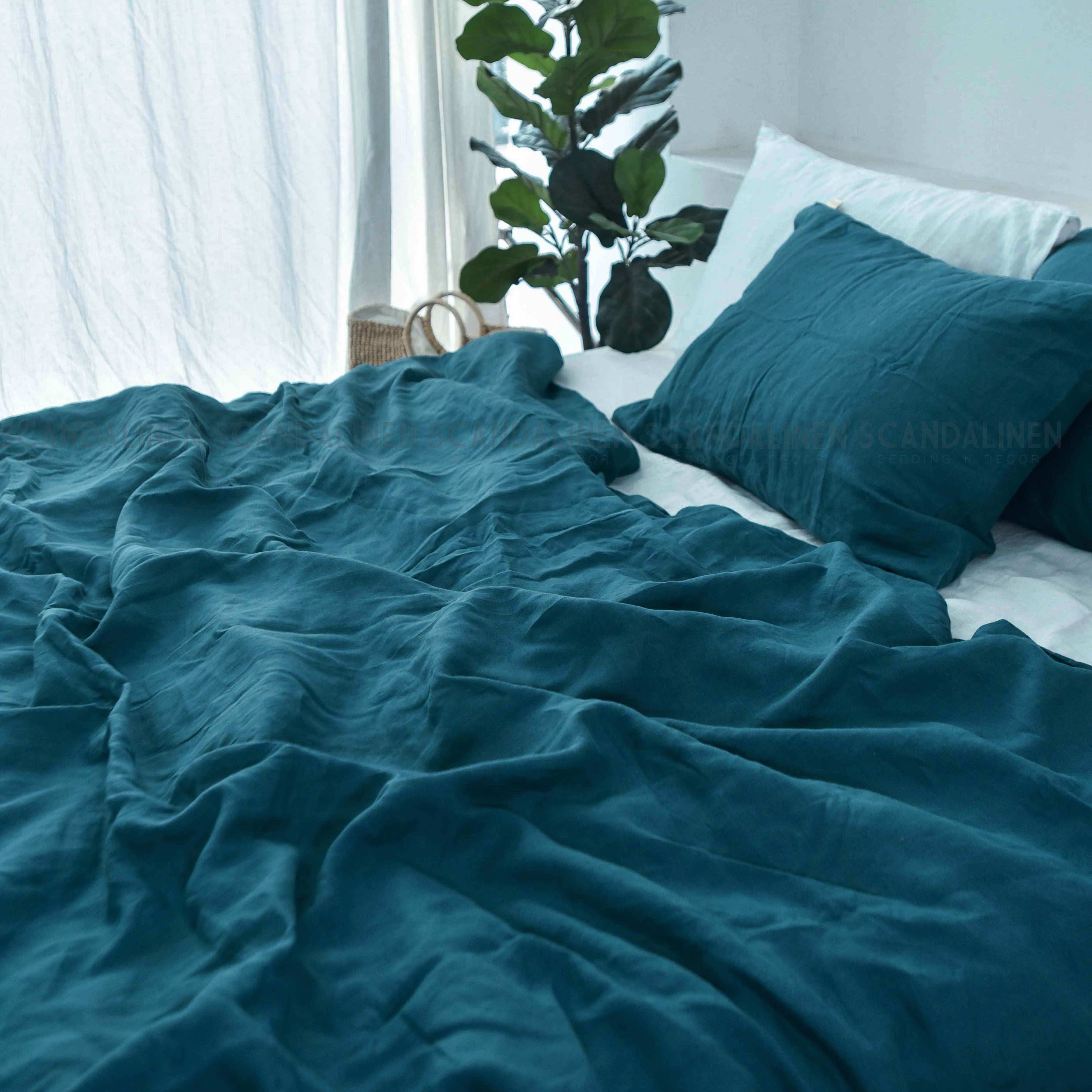 French linen bedding in teal — custom size available, handcrafted in Hanoi Vietnam by SCANDALINEN