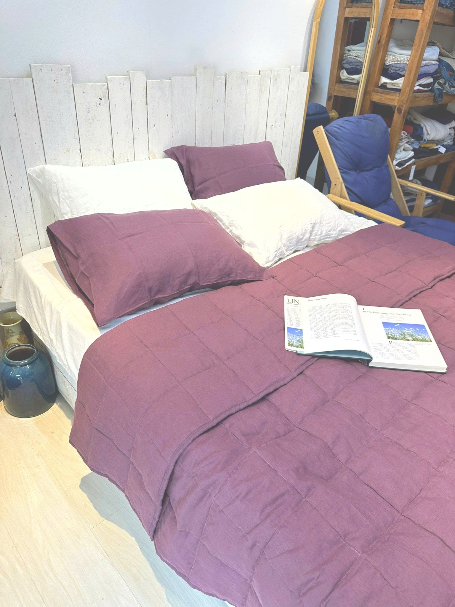 Hand-Quilted French Linen Blanket – Aubergine Plum