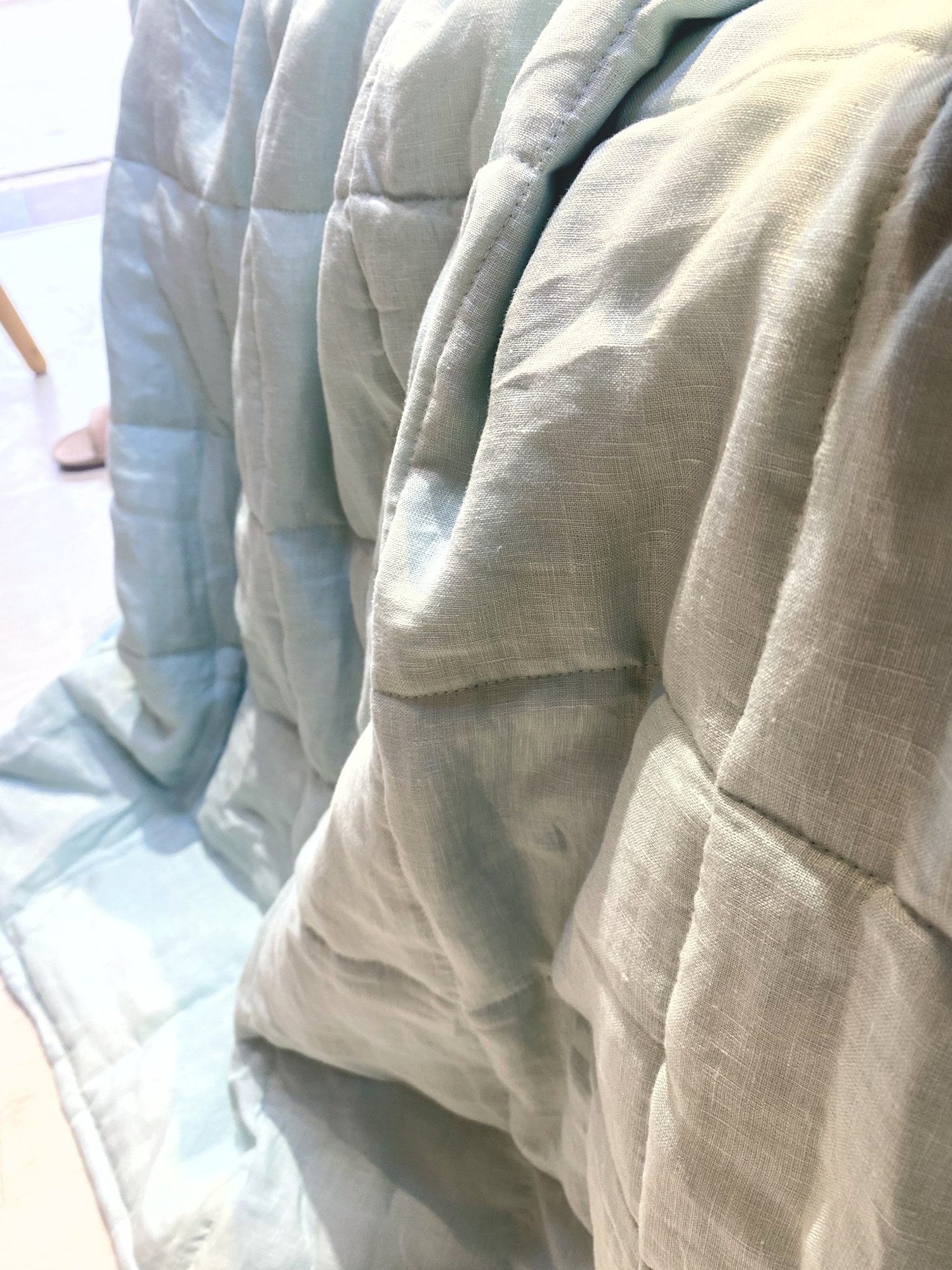 Hand-Quilted French Linen Blanket – Eucalyptus Sage