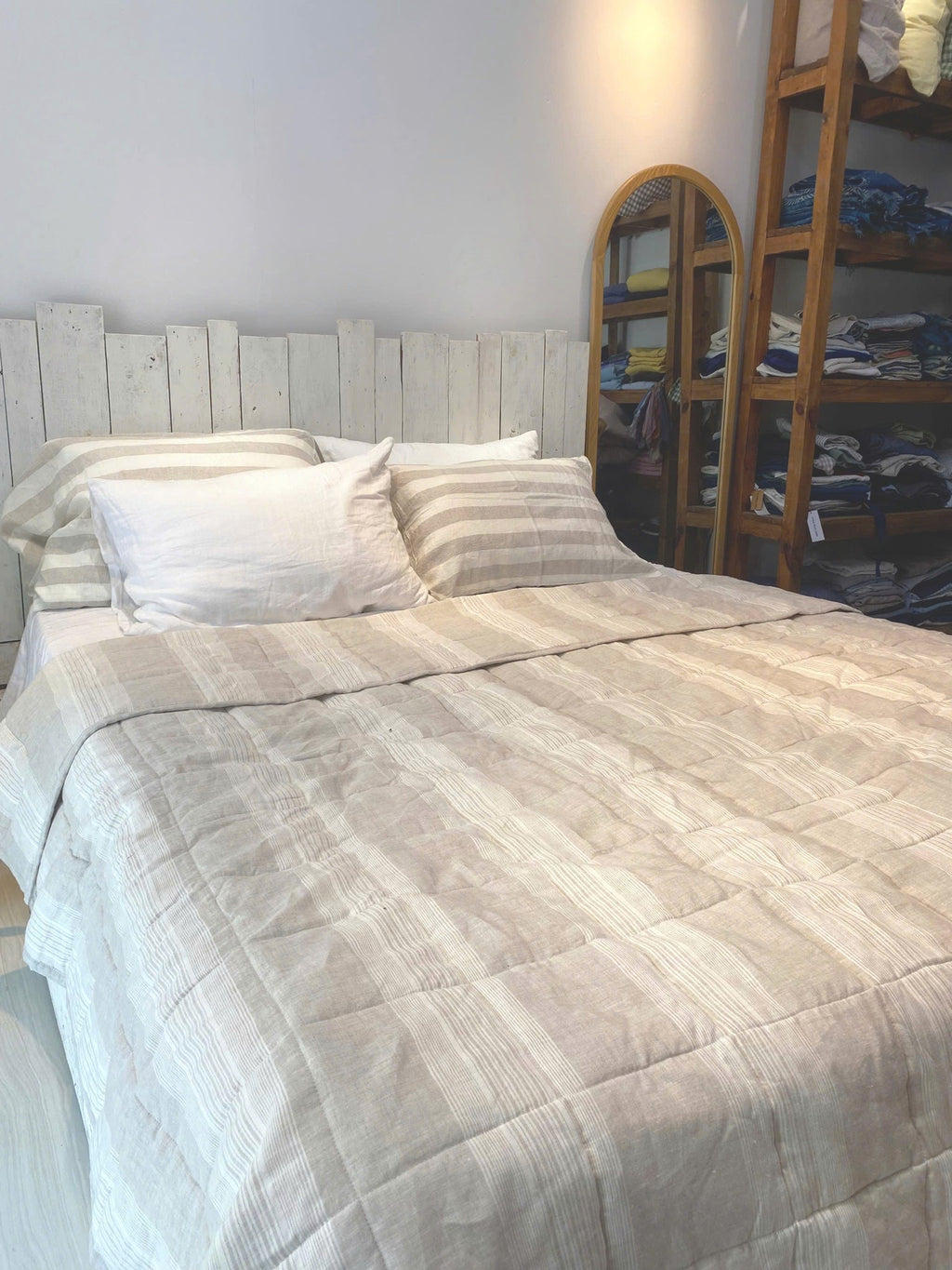 Hand-Quilted French Linen Blanket – Natural Oat Stripe