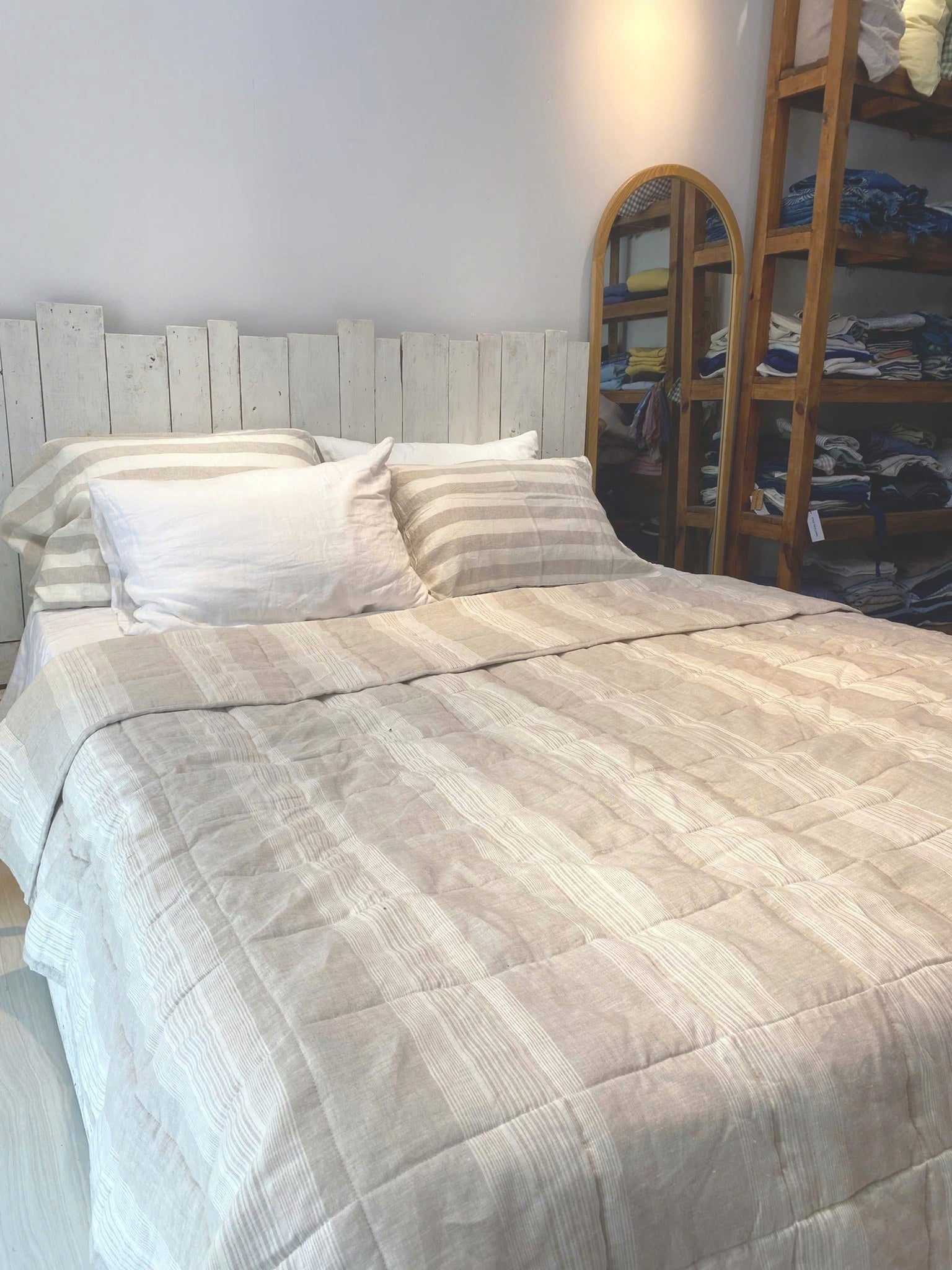 Hand-Quilted French Linen Blanket – Natural Oat Stripe
