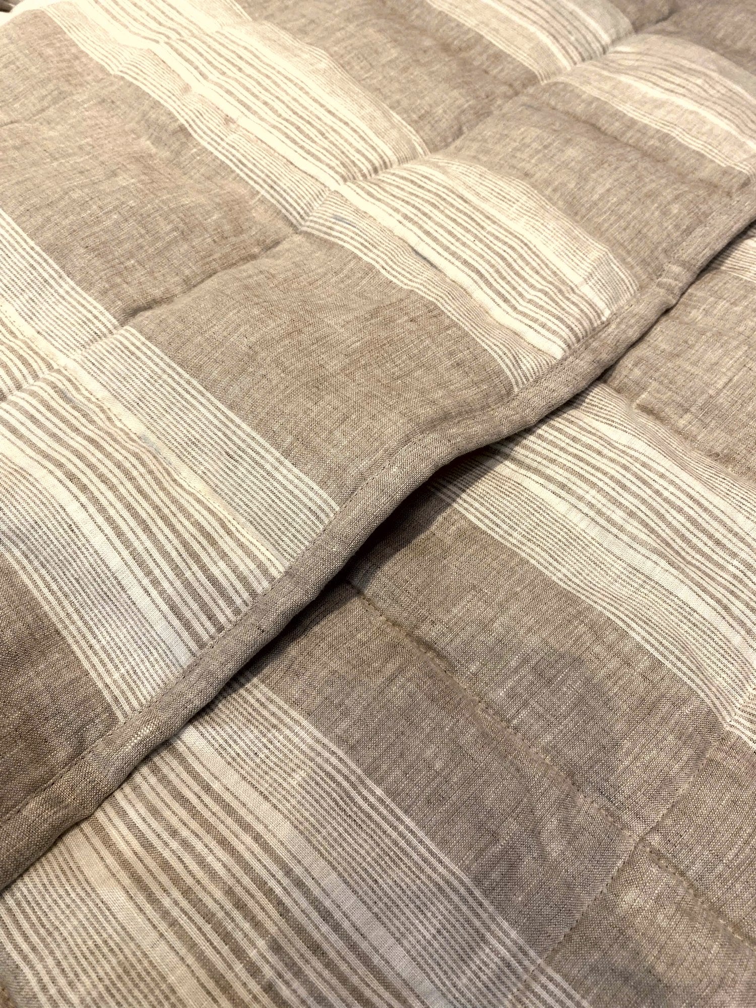 Hand-Quilted French Linen Blanket – Natural Oat Stripe