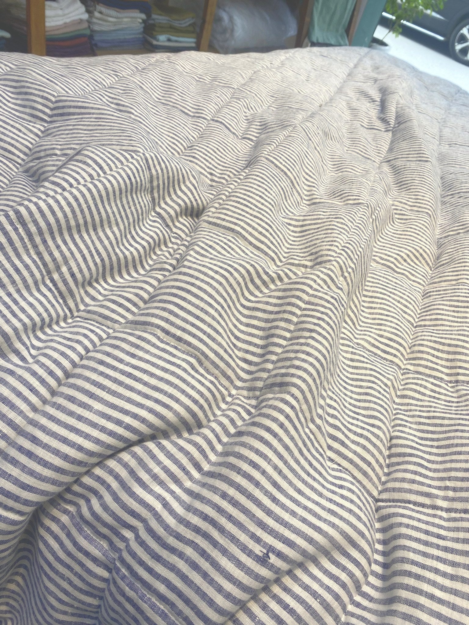Hand-Quilted French Linen Blanket – Navy Pinstripe