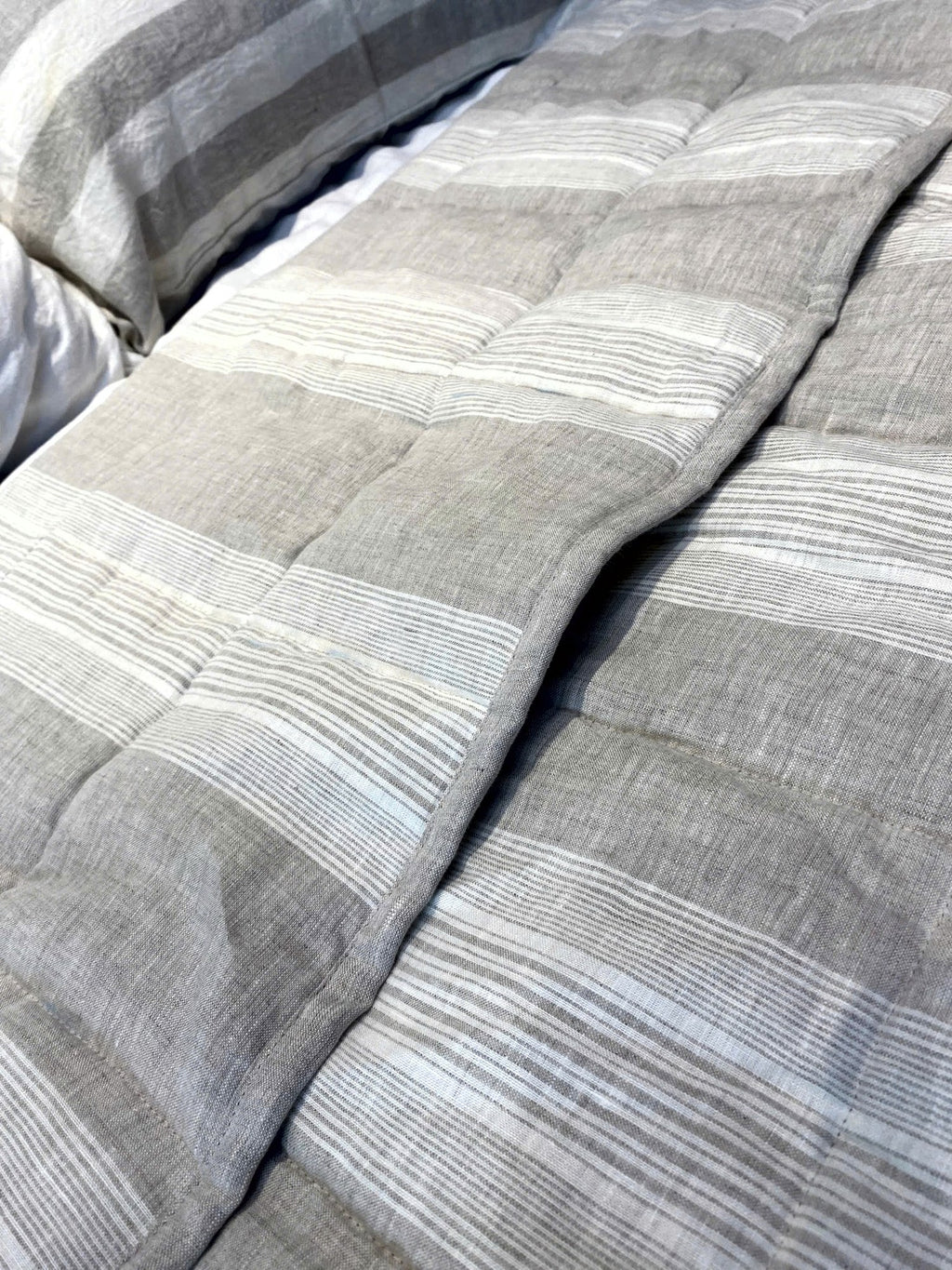 Hand-Quilted French Linen Blanket – Natural Oat Stripe