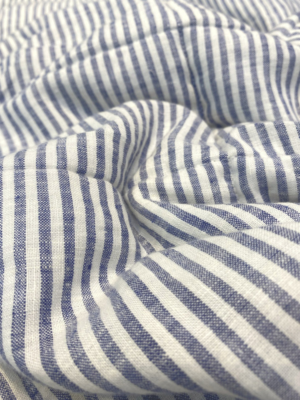Hand-Quilted French Linen Blanket – Navy Pinstripe