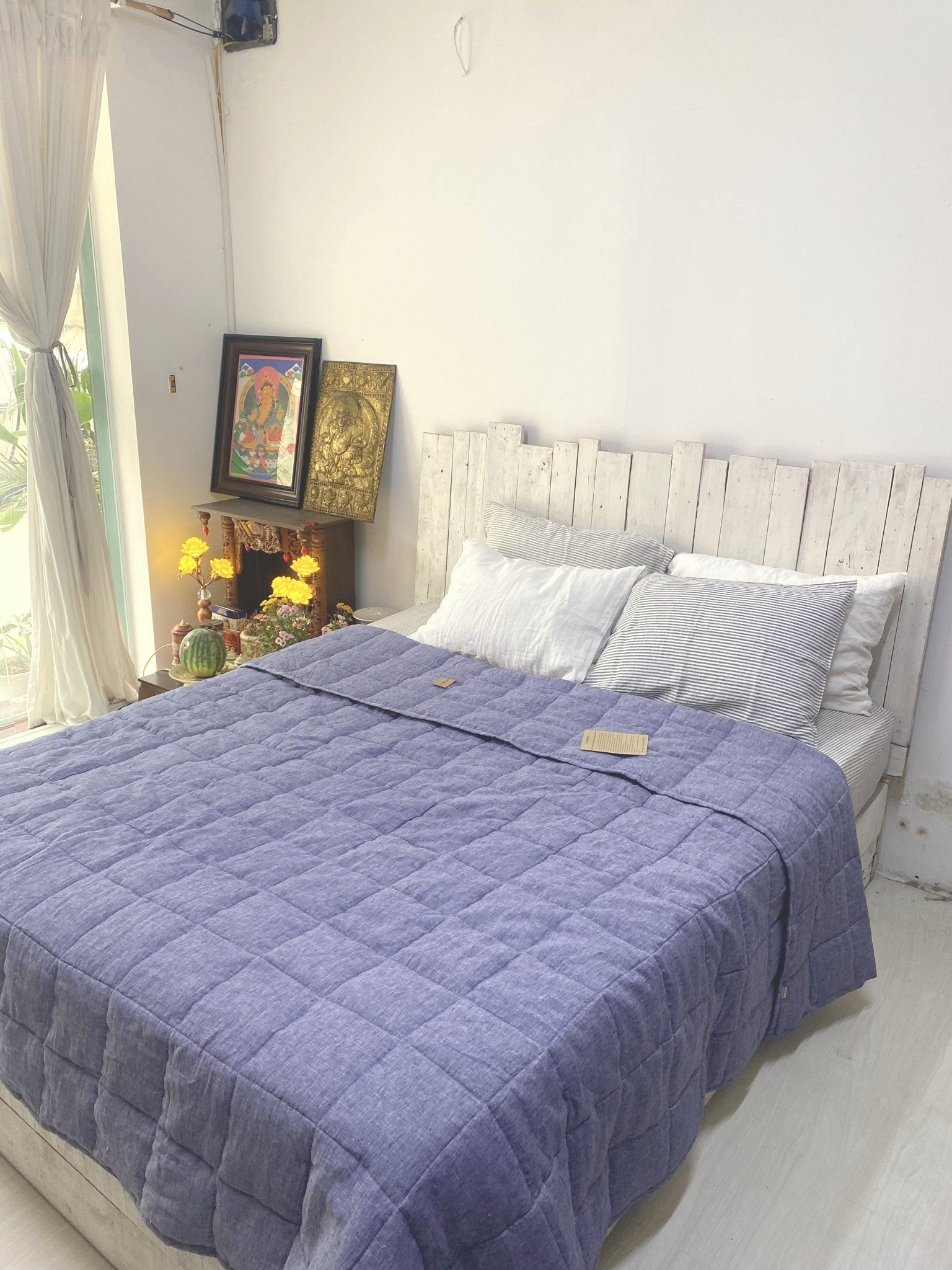 Hand-Quilted French Linen Blanket – Denim Blue