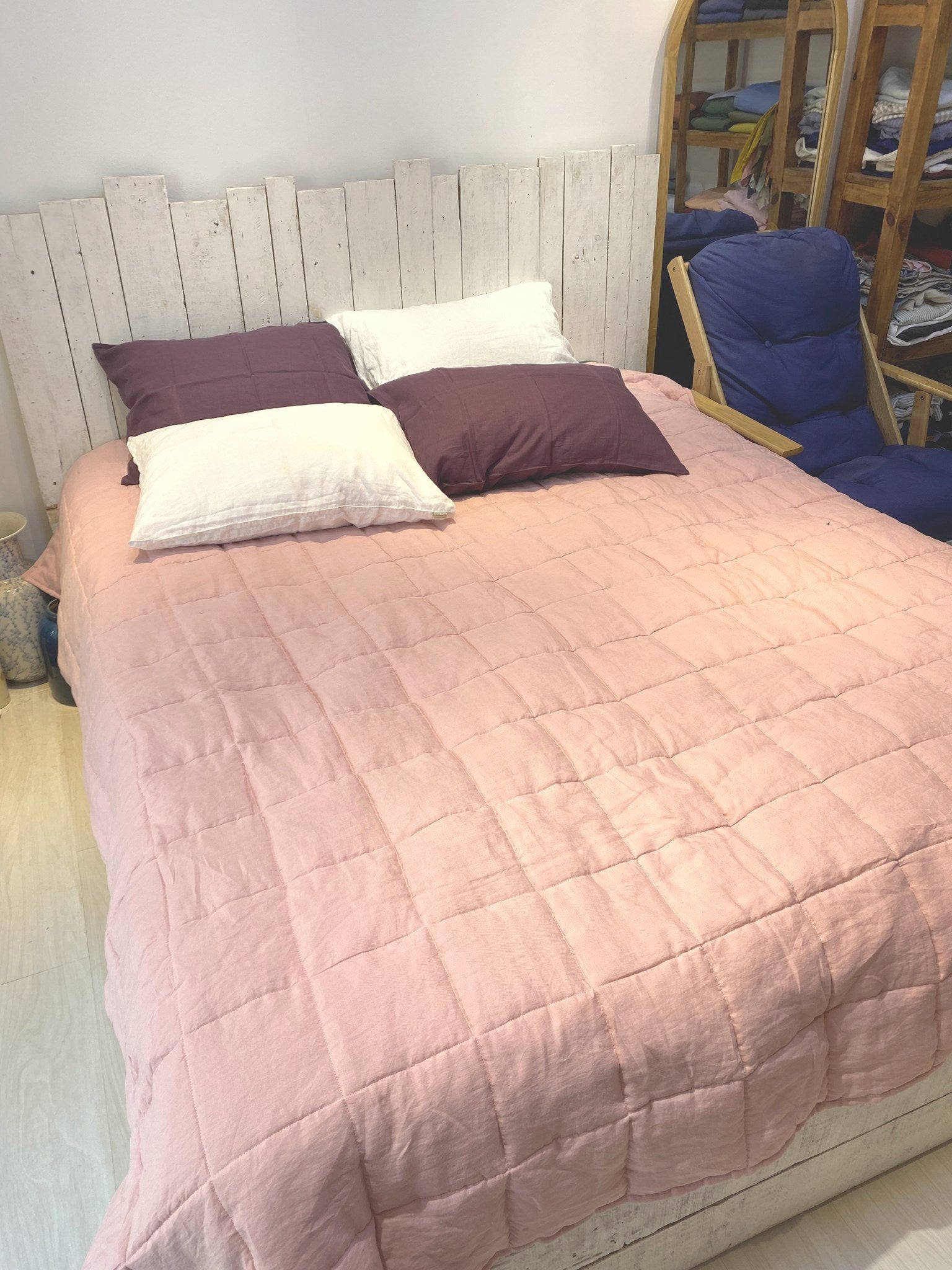 Hand-Quilted French Linen Blanket – Dusty Rose