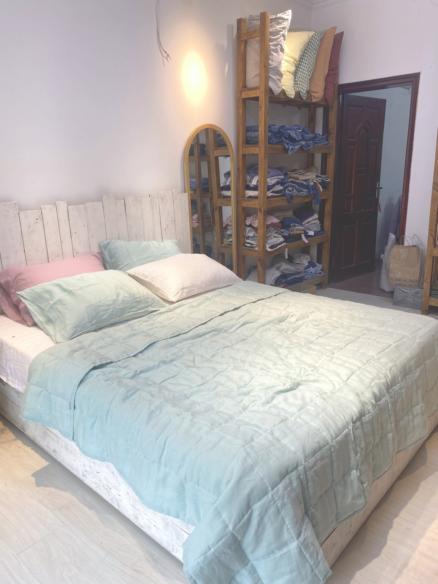 Hand-Quilted French Linen Blanket – Eucalyptus Sage