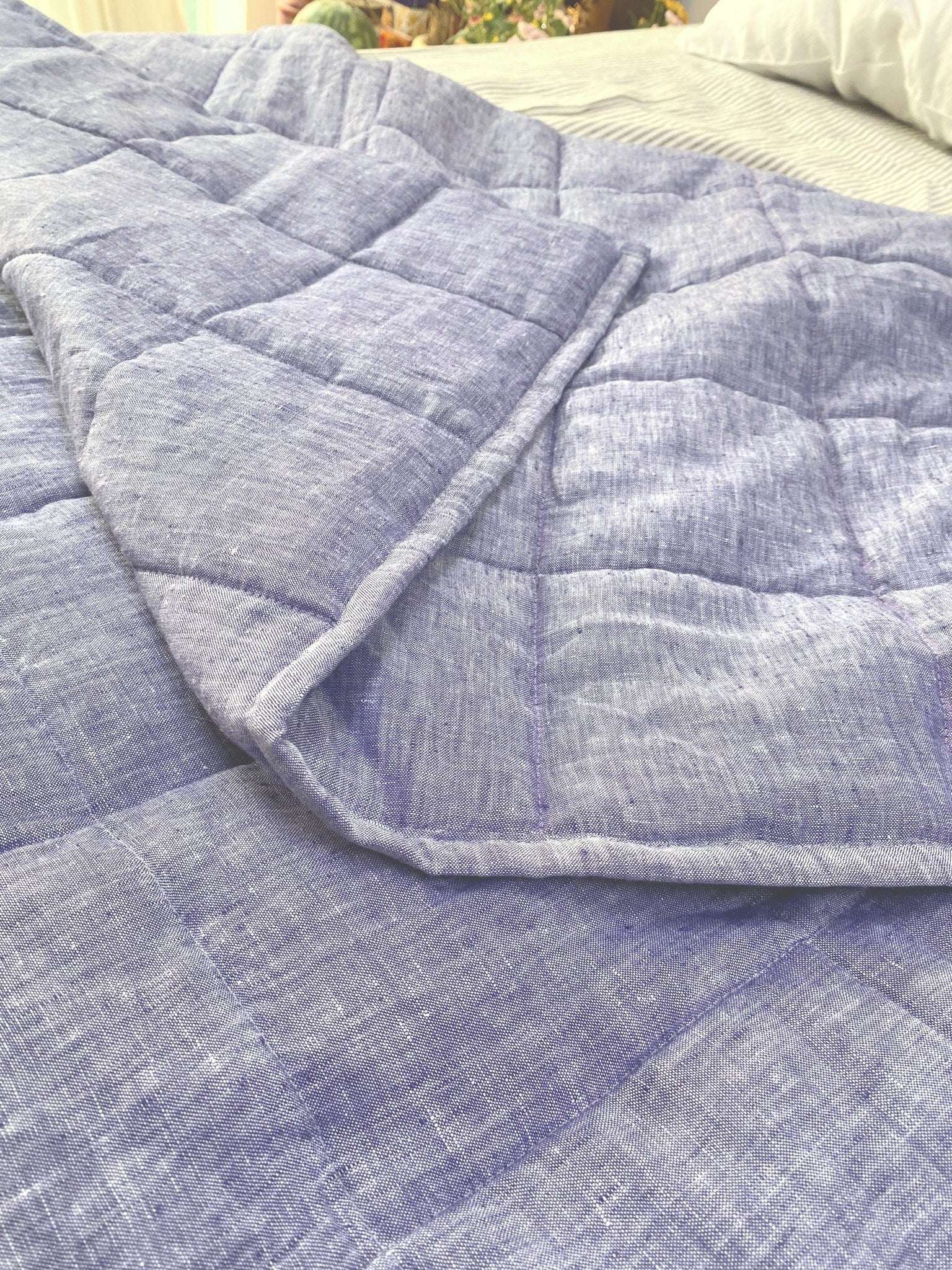 Hand-Quilted French Linen Blanket – Denim Blue