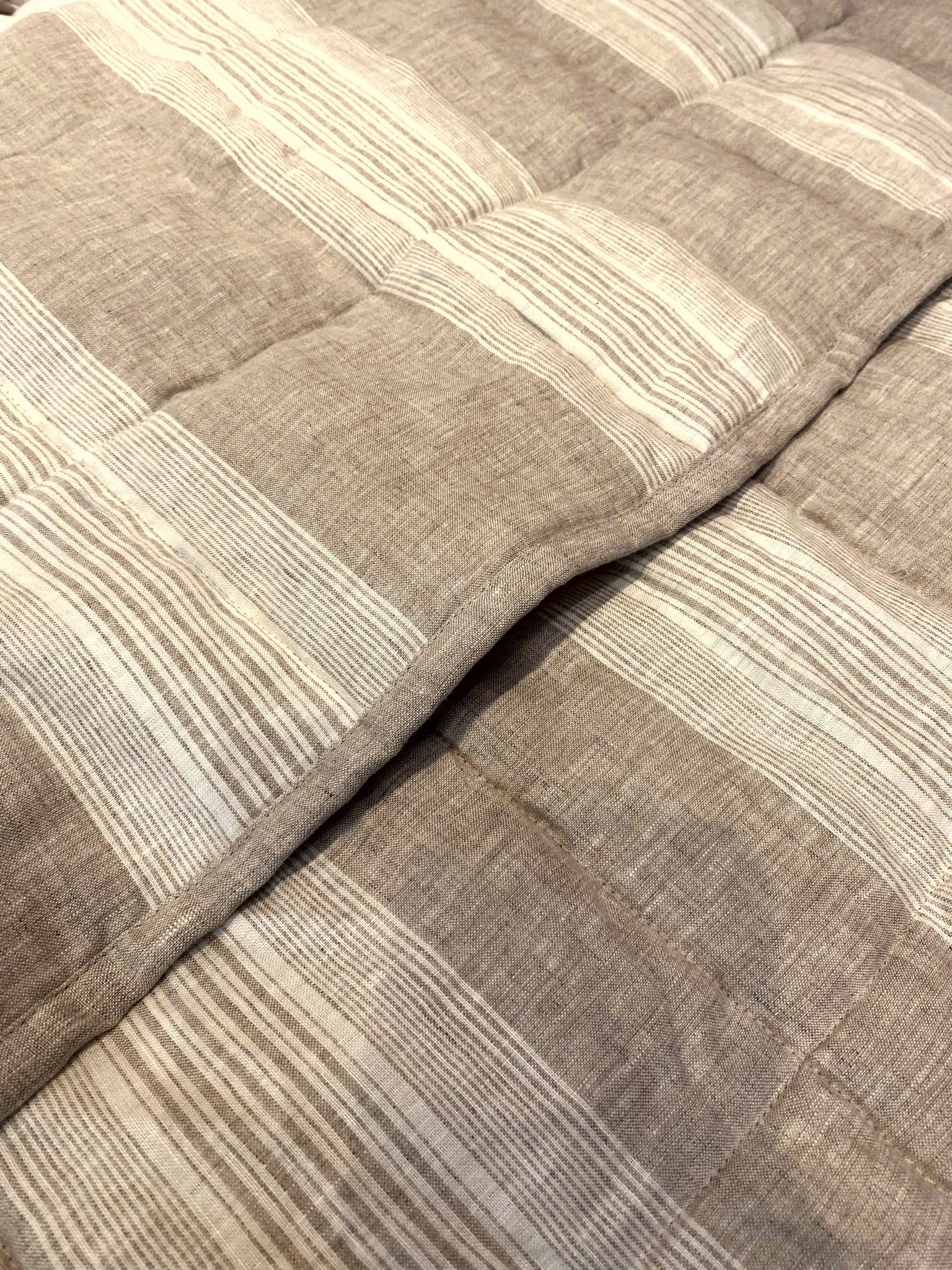 Hand-Quilted French Linen Blanket – Natural Oat Stripe