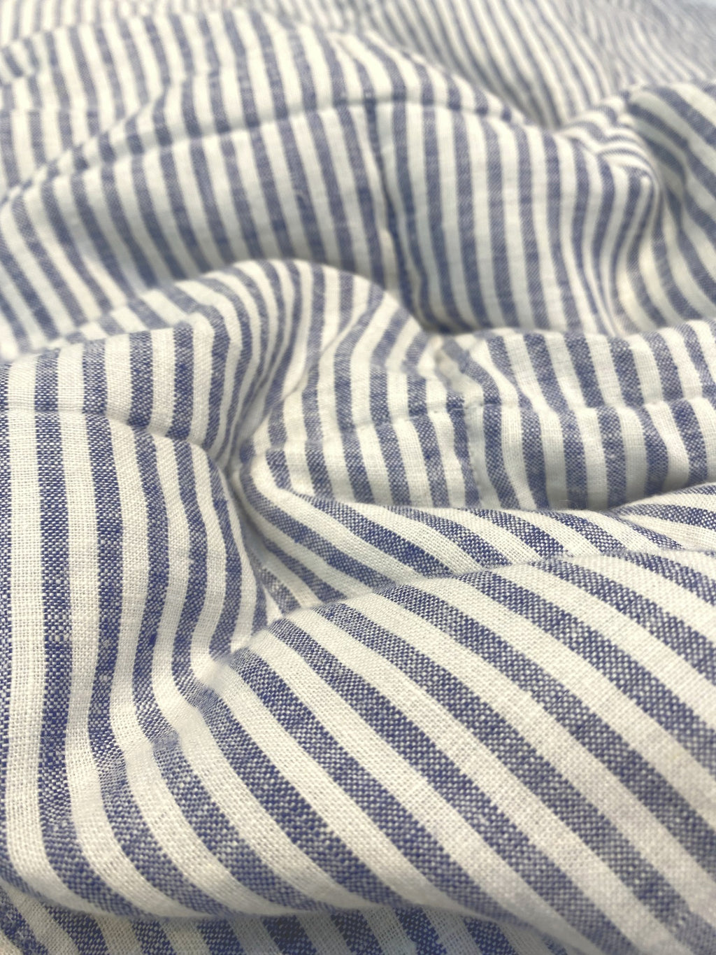 Hand-Quilted French Linen Blanket – Navy Pinstripe