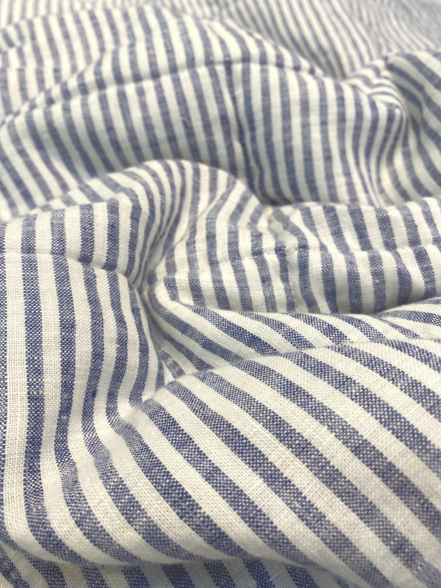 Hand-Quilted French Linen Blanket – Navy Pinstripe