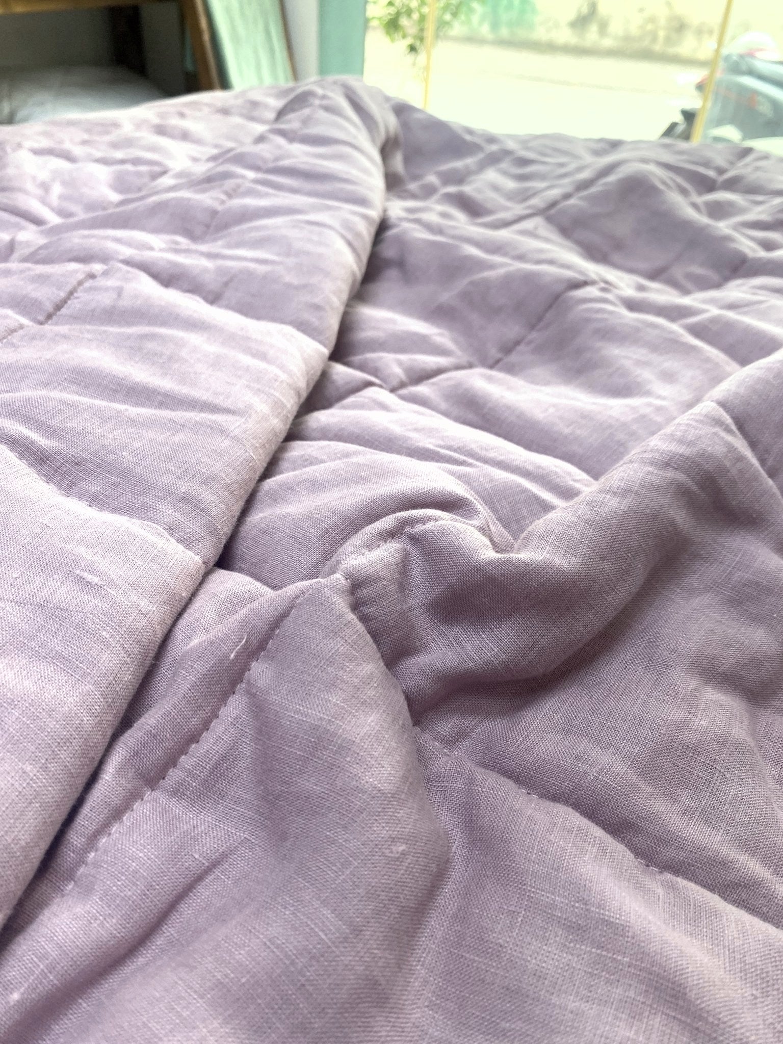 Hand-Quilted French Linen Blanket – Soft Lavender