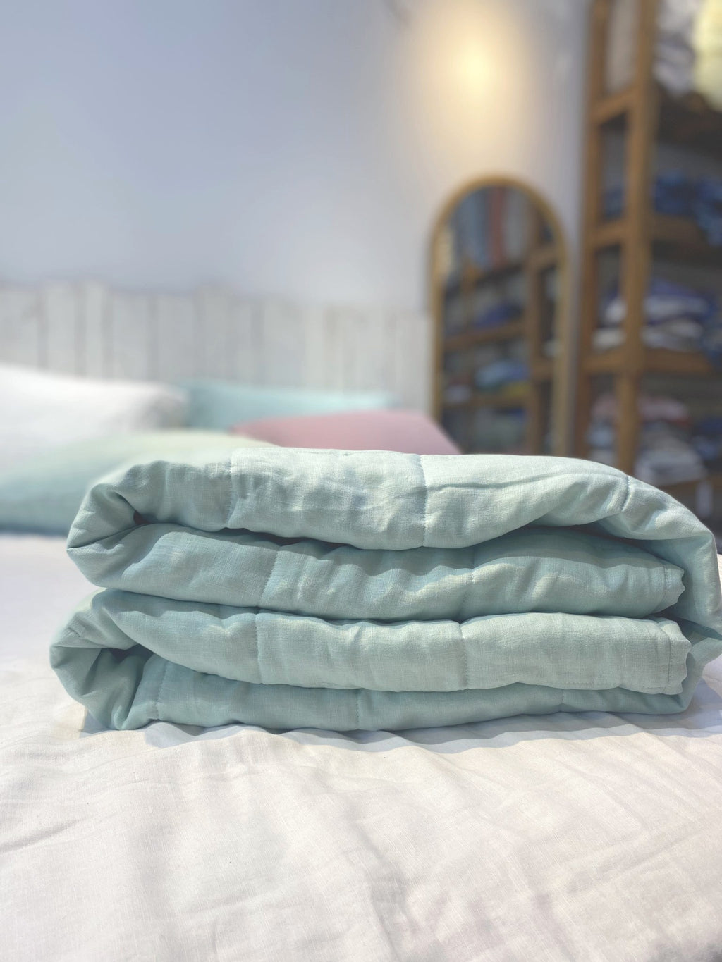 Hand-Quilted French Linen Blanket – Eucalyptus Sage