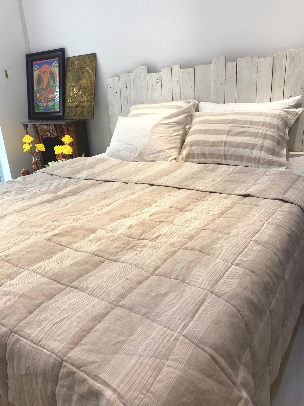 Hand-Quilted French Linen Blanket – Natural Oat Stripe