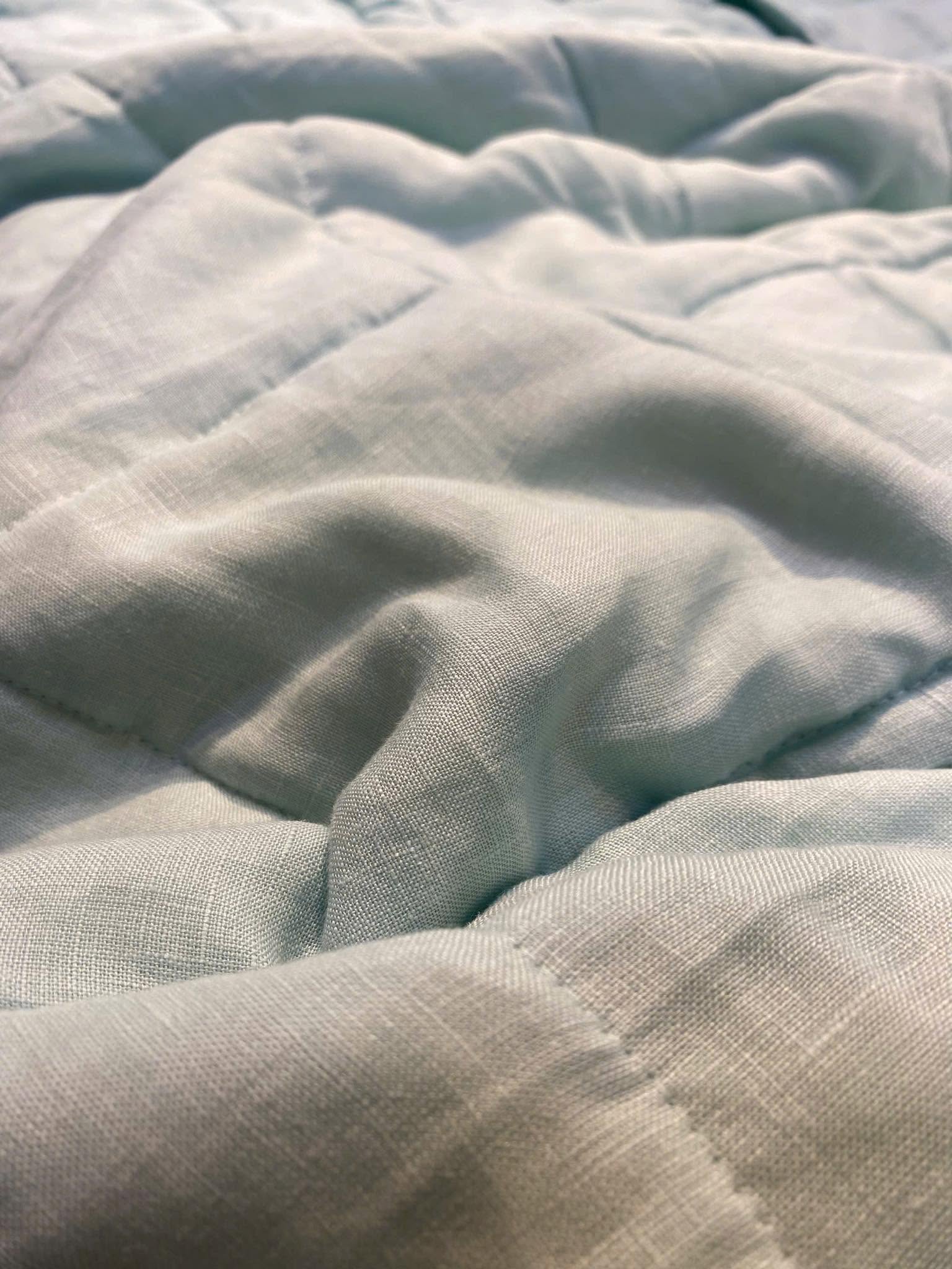 Hand-Quilted French Linen Blanket – Eucalyptus Sage