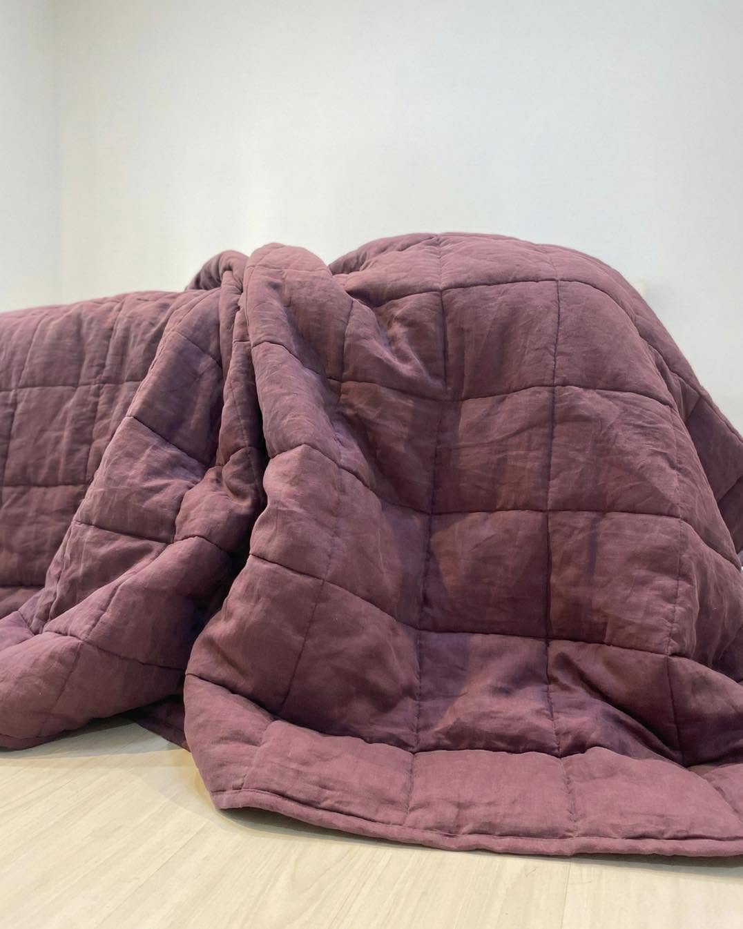 Hand-Quilted French Linen Blanket – Aubergine Plum