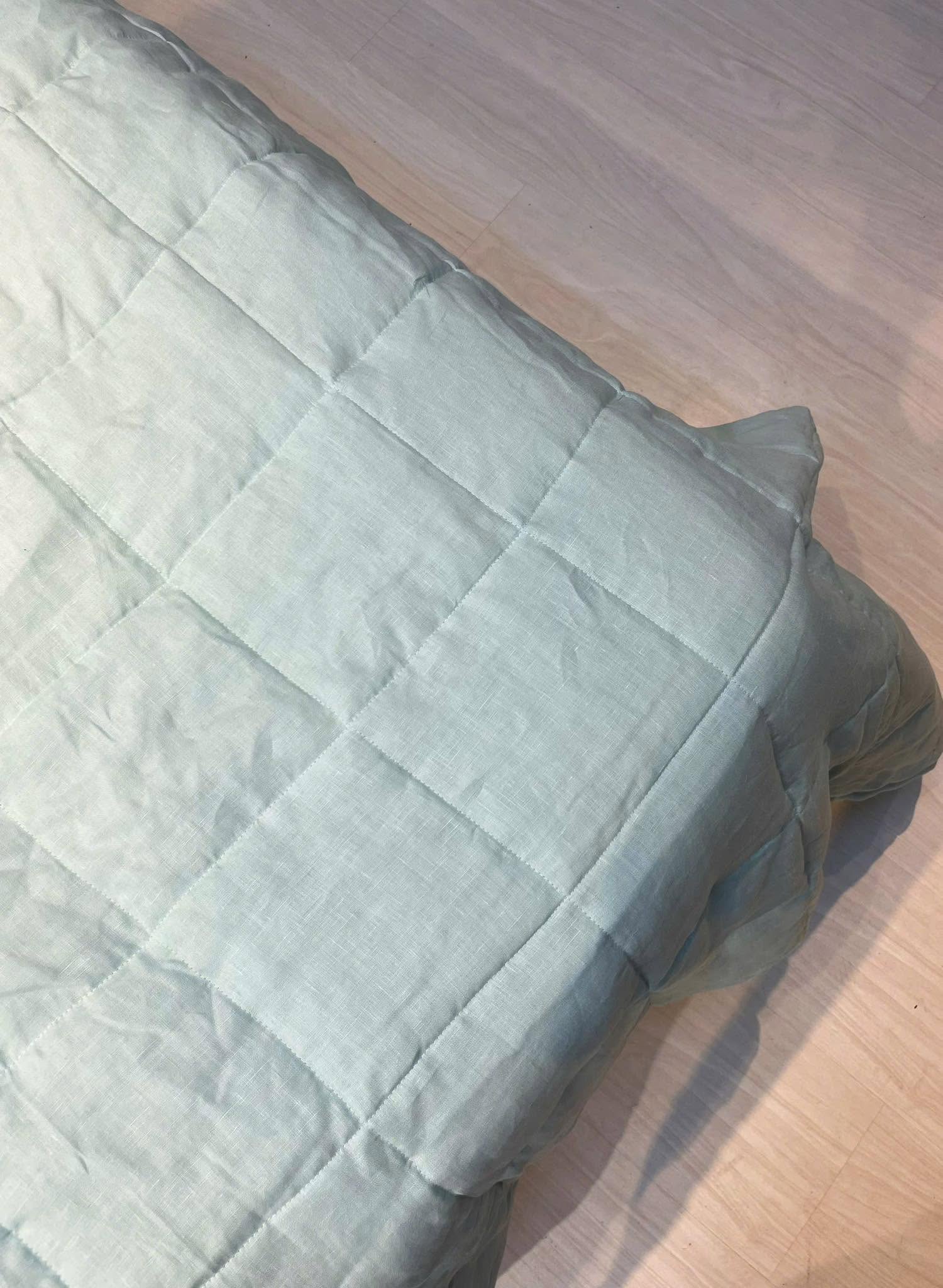 Hand-Quilted French Linen Blanket – Eucalyptus Sage