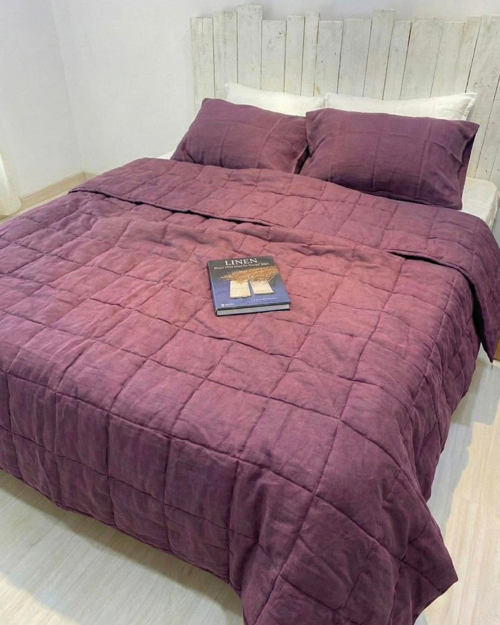 Hand-Quilted French Linen Blanket – Aubergine Plum