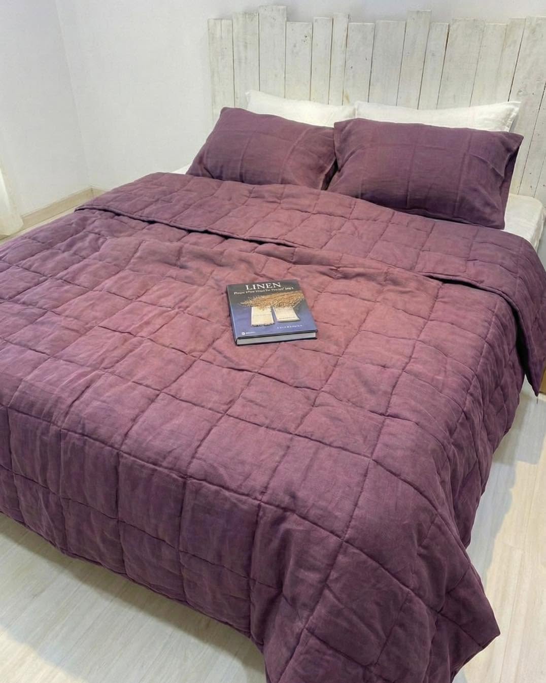 Hand-Quilted French Linen Blanket – Aubergine Plum