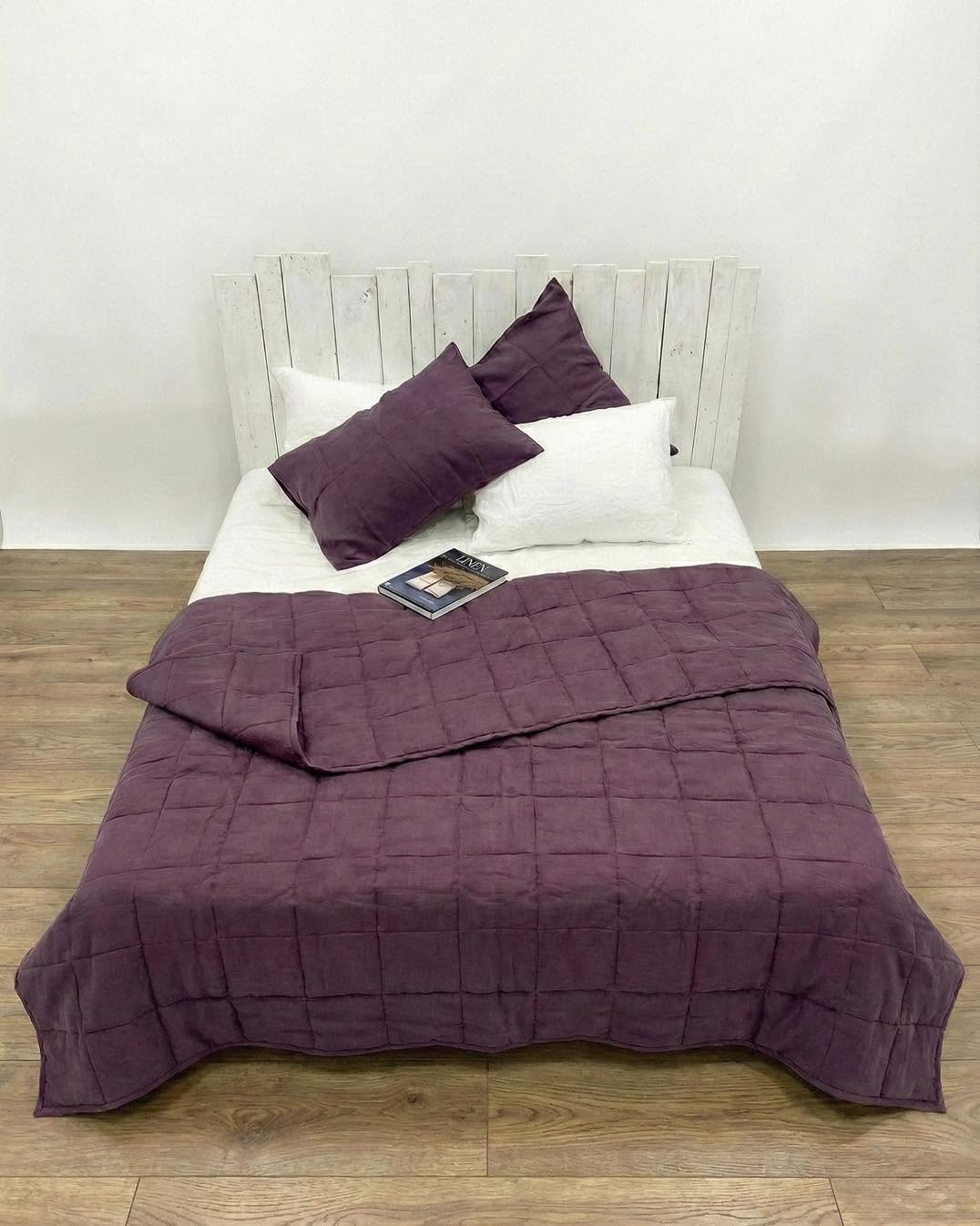Hand-Quilted French Linen Blanket – Aubergine Plum