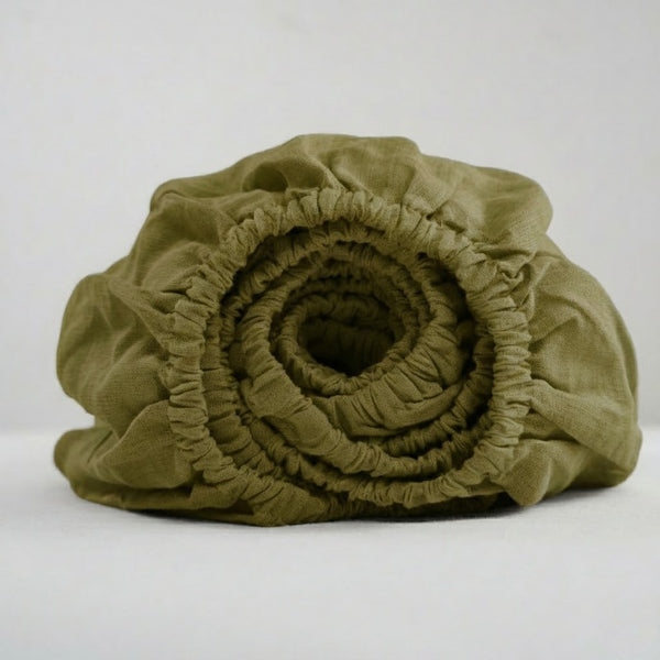 Olive French Linen Fitted Sheet - Deep Pocket