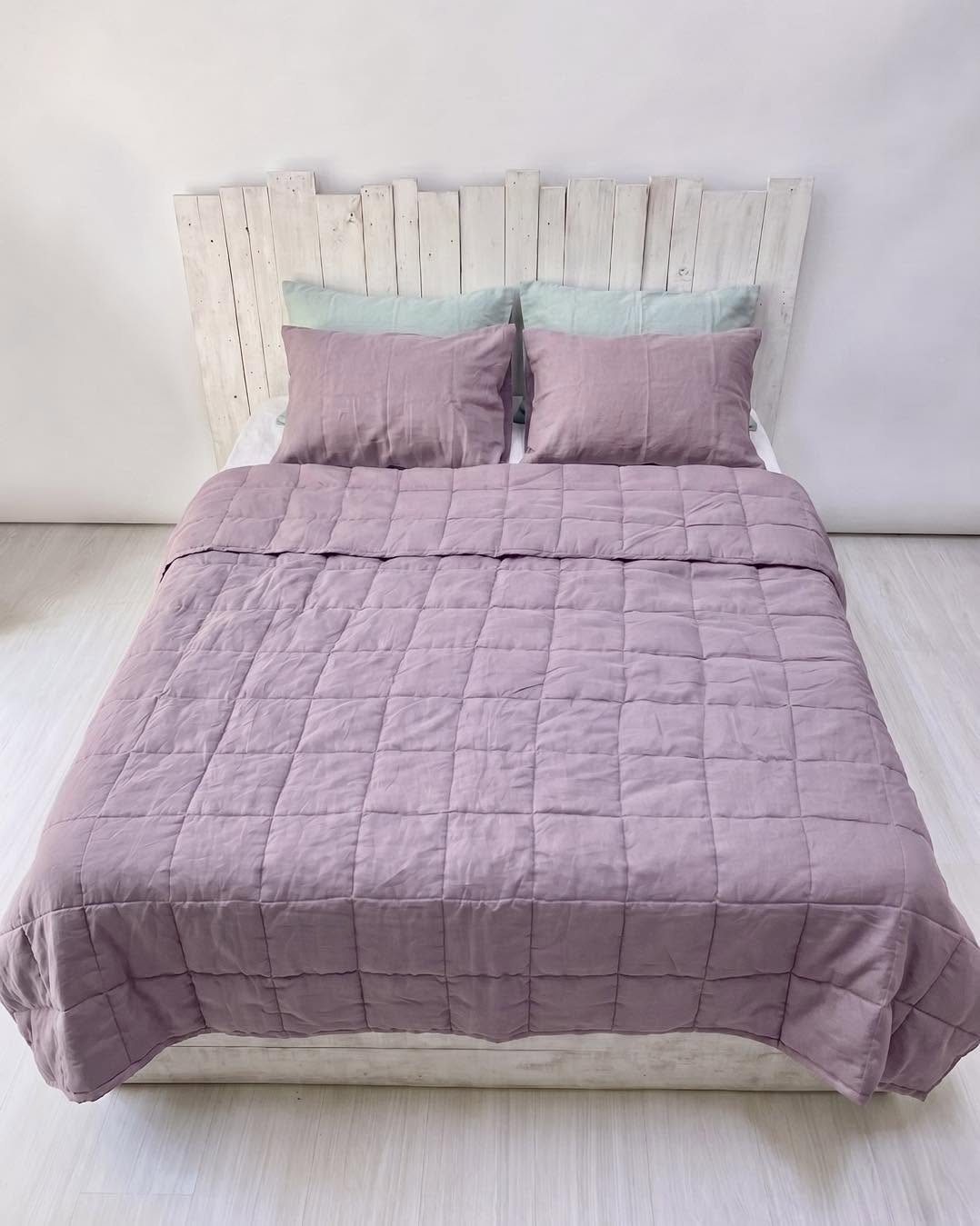 Hand-Quilted French Linen Blanket – Soft Lavender
