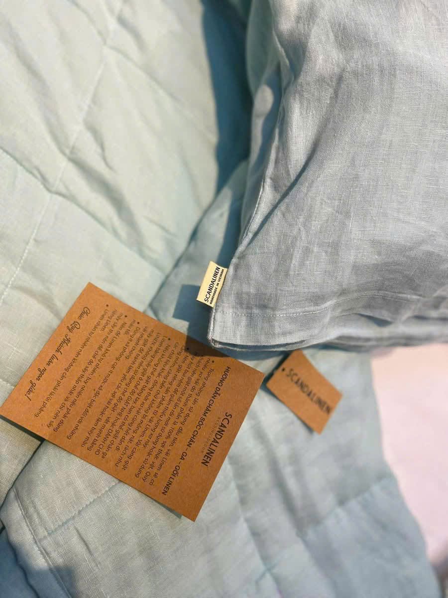 Hand-Quilted French Linen Blanket – Eucalyptus Sage